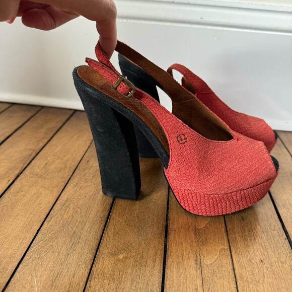 Sixtyseven Red Reptile Suede Peep Toe Platform Block Heels 37 / 6 - Picture 5 of 8